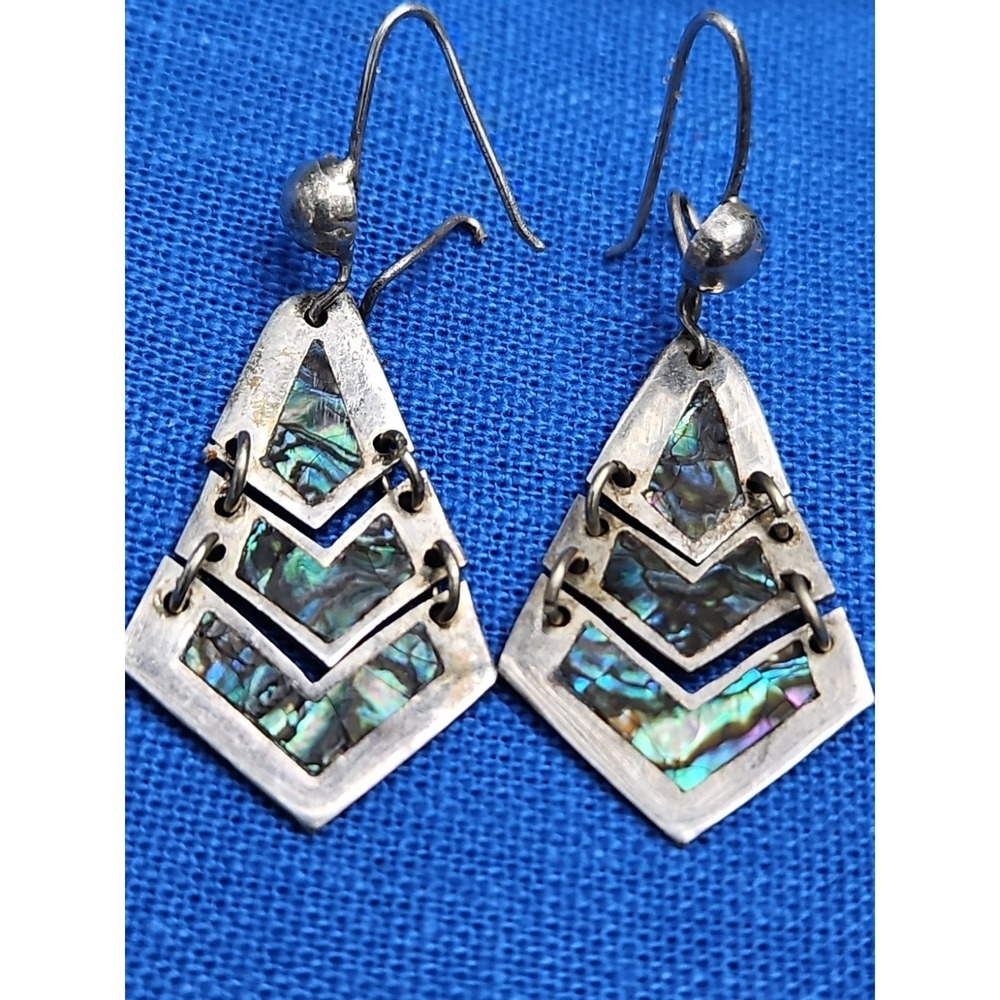 Sterling Silver Abalone Dangle Earrings Taxco Mexico V Hinge Panel 2" Vintage